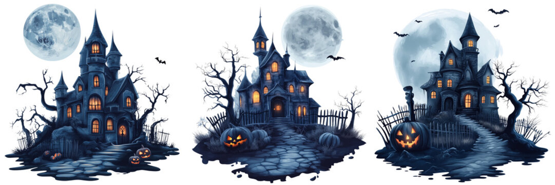 Set olf A cozy front porch decorated for Halloween with an array of carved pumpkins on transparent png background