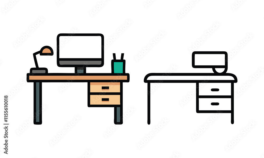 Poster office desk icons with computer and lamp, a pair of office desk vector icons featuring a computer, l