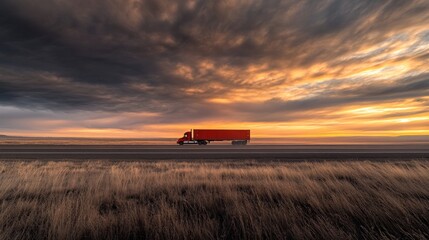 Fototapeta premium Red semi-truck drives on highway at sunset, dramatic sky.
