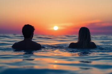 Fototapeta premium Friends enjoy sunset while swimming in calm ocean waters during warm evening hours