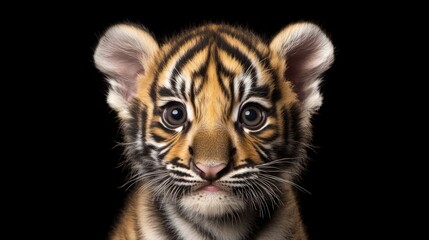 Obraz premium Adorable tiger cub portrait against black background.