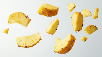 Fresh pineapple chunks levitating against a white background. (1)