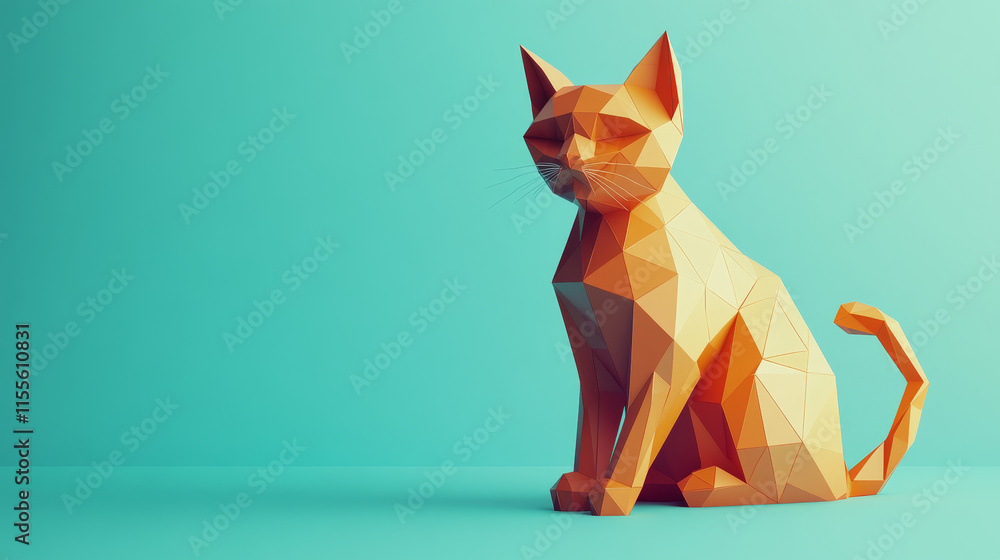 Poster hologram of a cat. cat of polygons, triangles of points and lines. cat is a low-poly compound struct