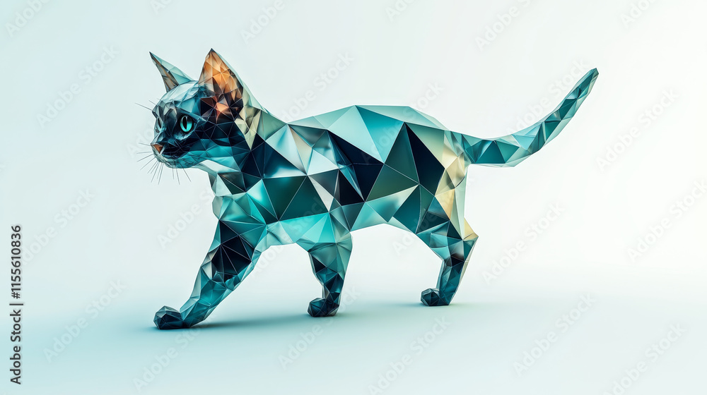 Poster hologram of a cat. cat of polygons, triangles of points and lines. cat is a low-poly compound struct