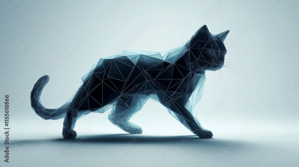 Poster hologram of a cat. cat of polygons, triangles of points and lines. cat is a low-poly compound struct
