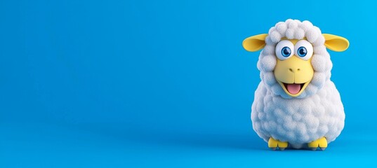 Surprised cartoon sheep on a blue background, designed with space for text. Stock photo.