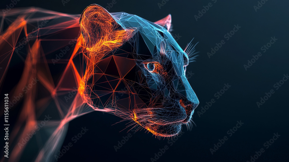 Poster a hologram of a panther. the panther's head is made of polygons, triangles of dots and lines. panthe