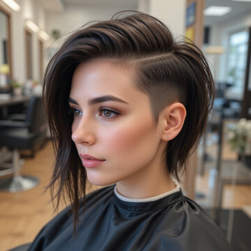 Close-up mujer con un corte de pelo rapado en un lado con raya y largo flequillo en una peluquer&iacute;a