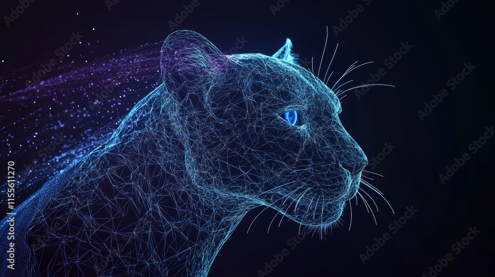 Poster a hologram of a panther. the panther's head is made of polygons, triangles of dots and lines. panthe