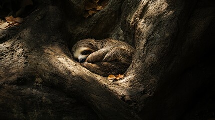 Obraz premium Sloth sleeping peacefully in a tree hollow.