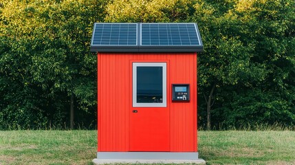 Solarpowered vending machines in a park, public green technology, accessible ecofriendly solutions