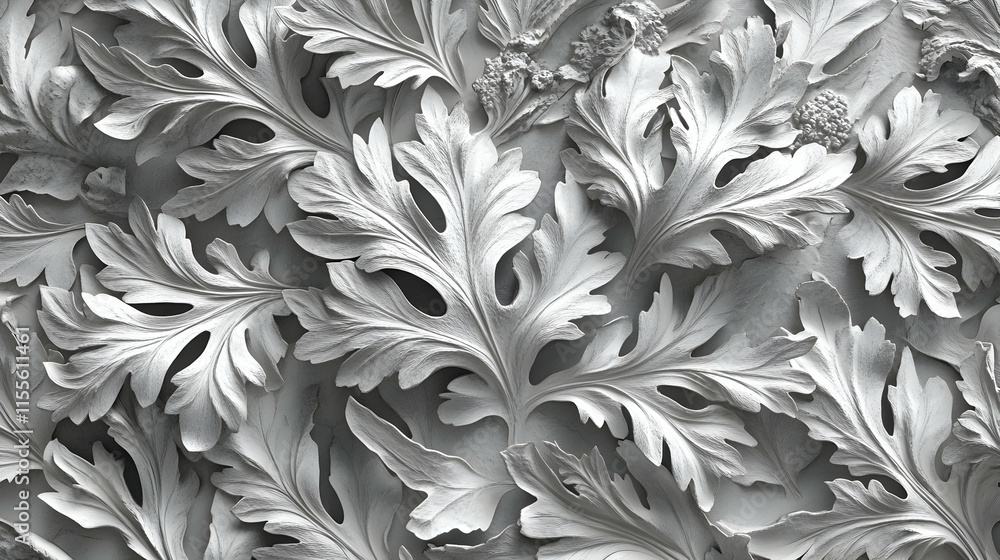 Poster intricate grayscale image of sculpted leaves, showcasing detailed textures and patterns ideal for de