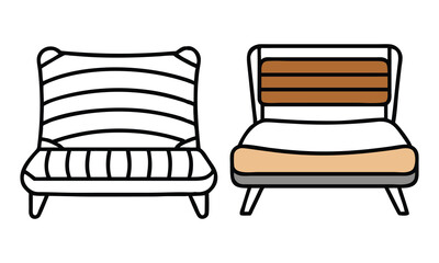 Modern Lounge Chair Icon Set in Vector, A set of two modern lounge chair vector icons with minimalist designs, featuring striped and cushioned styles, ideal for furniture concepts.
