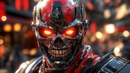 Cybernetic skull warrior in futuristic Asian city setting.