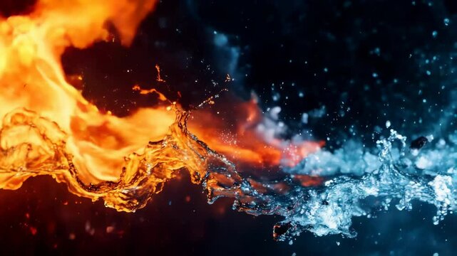 The intense interaction between fire and water, highlighting their contrasting colors and movement. Both elements create a mesmerizing display of energy and fluidity.