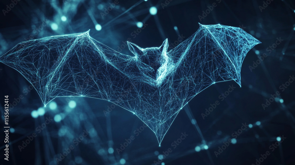 Poster a hologram of a bat. a bat made of polygons, triangles of points, and lines. the bat is a low-poly c