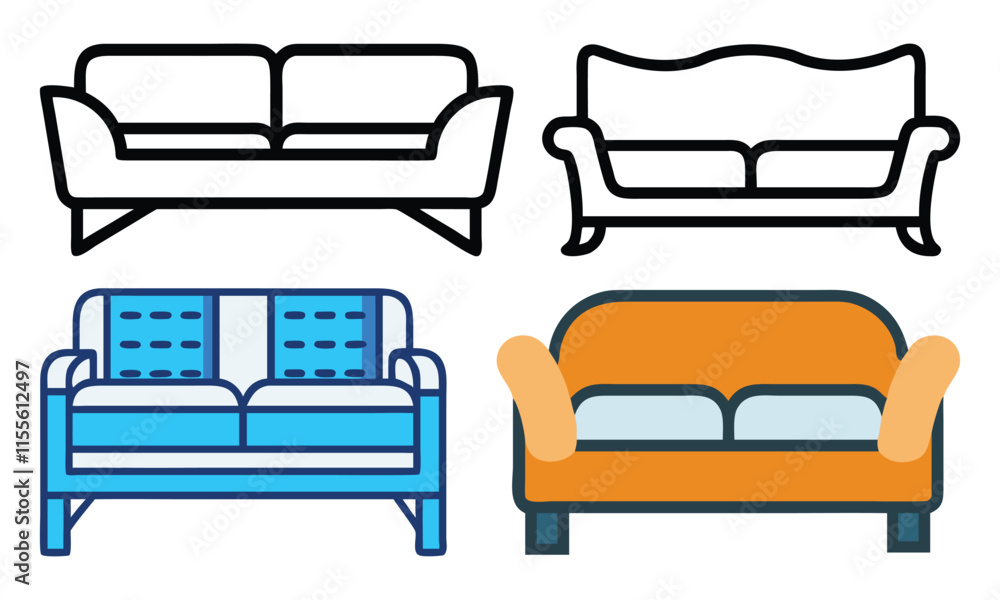 Poster sofa and couch icon set in vector styles, a collection of four sofa and couch vector icons in both o