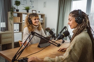 adult woman presenter interview female guest and stream audio podcast