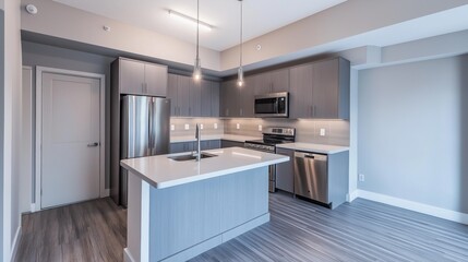 This stunning modern kitchen boasts a sophisticated grey palette with ample natural light streaming in. High-end appliances and chic fixtures create a perfect space for cooking and entertaining