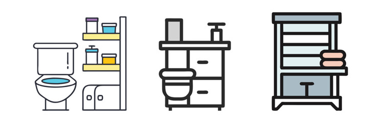 Bathroom Essentials Icon Set in Vector Design, A collection of bathroom essentials vector icons featuring a toilet, shelves with toiletries, and a vanity unit, perfect for home or decor themes.

