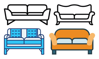 Sofa and Couch Icon Set in Vector Styles, A collection of four sofa and couch vector icons in both outline and colorful designs, perfect for furniture and interior design projects.
