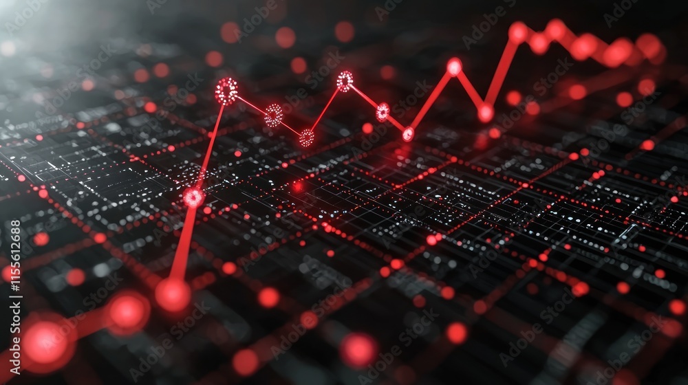 Poster digital stock market decline: red data line graph on circuit board