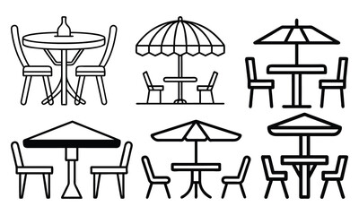 Set of Outdoor Dining Table Vector Icons, A collection of black and white vector icons featuring outdoor dining tables with umbrellas and chairs, perfect for leisure or patio designs.

