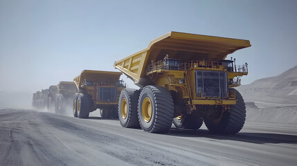 Obraz premium Large yellow trucks lined up at open-pit mining site with dramatic background