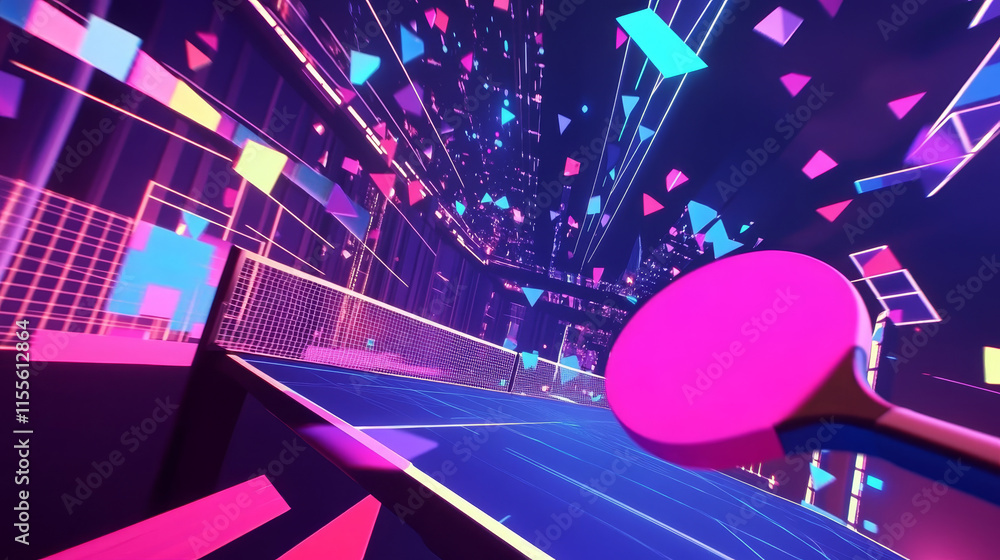 Poster the hologram table tennis. a racket and a ball made of polygons, triangles of points and lines. pinp