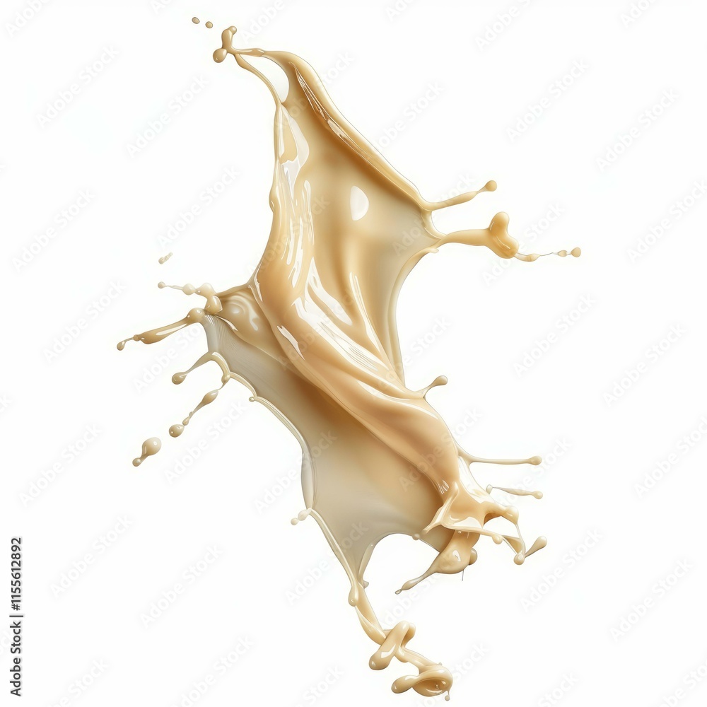 Poster beige liquid dynamically splashing and rotating, creating elegant swirls and droplets against a clea