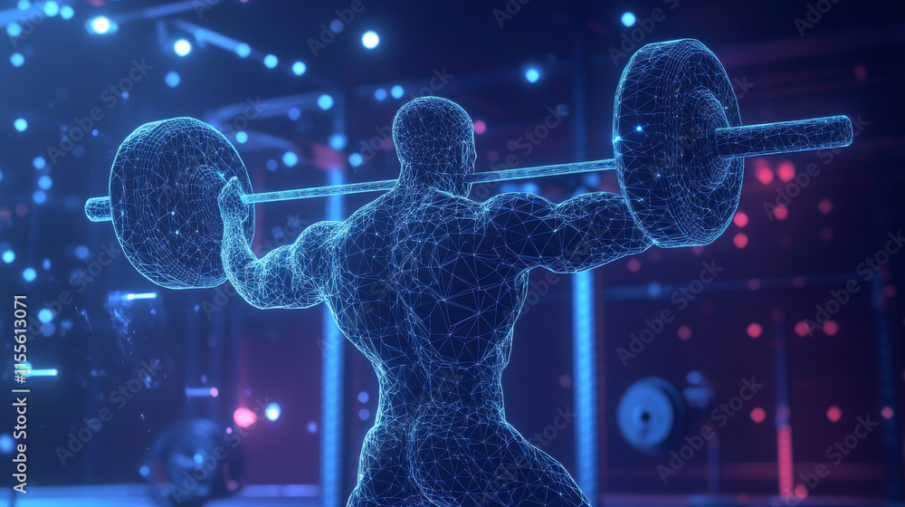 Poster hologram weightlifting. a weightlifter made of polygons, triangles of points and lines. lifting the 