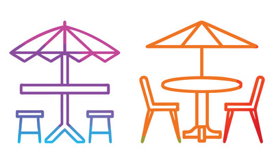 Outdoor Dining Table and Umbrella Icons, A colorful set of outdoor dining table and umbrella icons, featuring stools and chairs, ideal for patio, cafe, or leisure themes.
