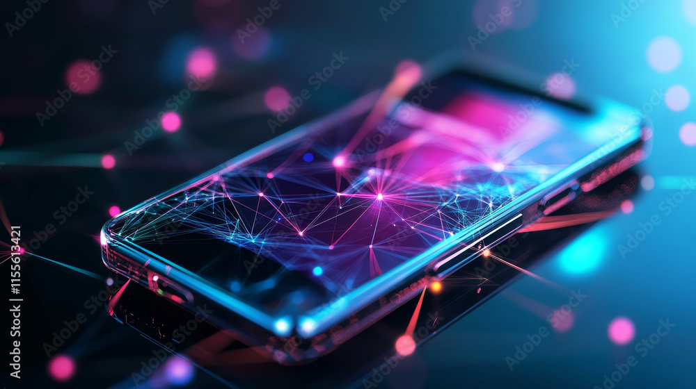 Poster hologram smartphone. a smartphone made up of polygons, triangles, points, and lines. smartphone low-