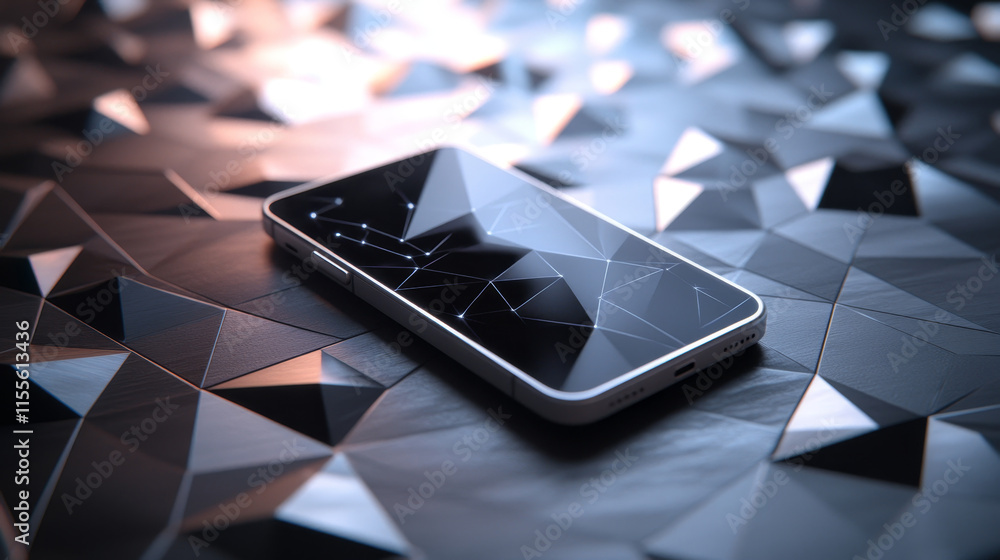 Poster hologram smartphone. a smartphone made up of polygons, triangles, points, and lines. smartphone low-