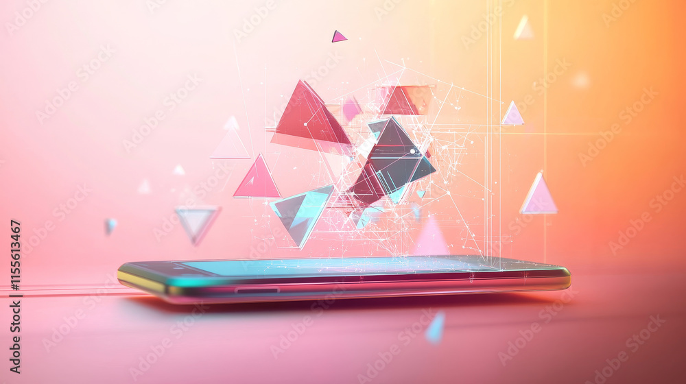 Poster hologram smartphone. a smartphone made up of polygons, triangles, points, and lines. smartphone low-