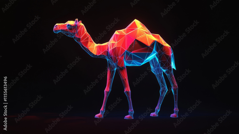 Poster a hologram of a camel. a camel made of polygons, triangles of points and lines. camel low-poly compo