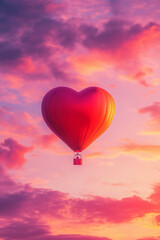 Obraz premium A bright red, heart-shaped hot air balloon floating over the sky and clouds on the sunset