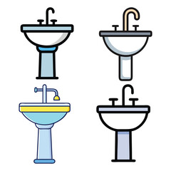 Bathroom Sink Icon Set with Faucets, A collection of four colorful bathroom sink icons featuring various designs and faucets, perfect for plumbing, home, or interior concepts.
