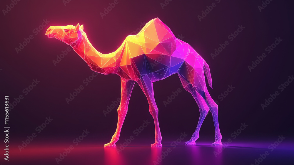 Poster a hologram of a camel. a camel made of polygons, triangles of points and lines. camel low-poly compo