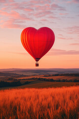 Fototapeta premium A bright red, heart-shaped hot air balloon floating over a green field on a clear evening day with a beautiful sunset