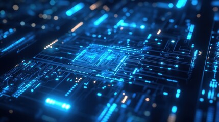 Futuristic Circuitry: A close-up view of a glowing blue circuit board, highlighting the intricate network of connections and data flow in a technological landscape.