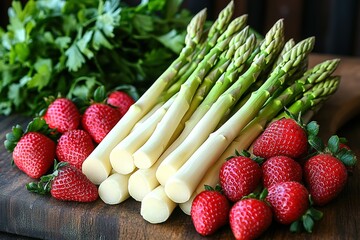 A bunch of asparagus and strawberries on a wooden table