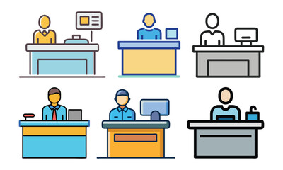Office Worker Desk Icon Set in Various Styles, A set of six colorful office worker desk icons showcasing diverse professions and styles, perfect for business and workplace designs.
