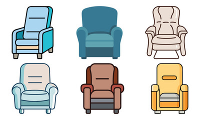 Collection of Armchair Illustrations in Various Styles, A set of six colorful armchair illustrations showcasing diverse styles and designs, ideal for furniture, interior, or home decor concepts.
