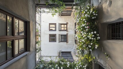 Low-angle view of a sunlit, flower-filled Italian courtyard with aged stone walls and windows.