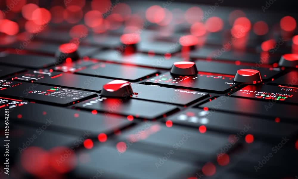 Poster abstract grid of black tiles with red buttons and bokeh lights.