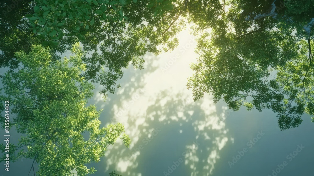 Poster sunlight filtering through lush green tree canopy.