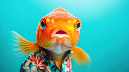 Close-up of a goldfish wearing a Hawaiian shirt against a teal background.