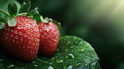Fresh strawberries with dew drops nature healthy fruit closeup lush green environment vibrant viewpoint natural concept