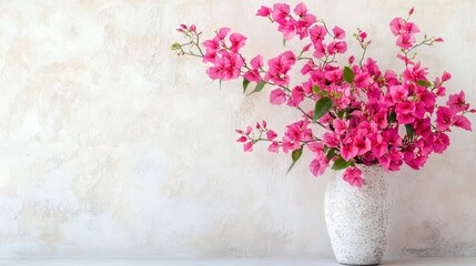 Pink bougainvillea flowers in a vase against a textured wall.
